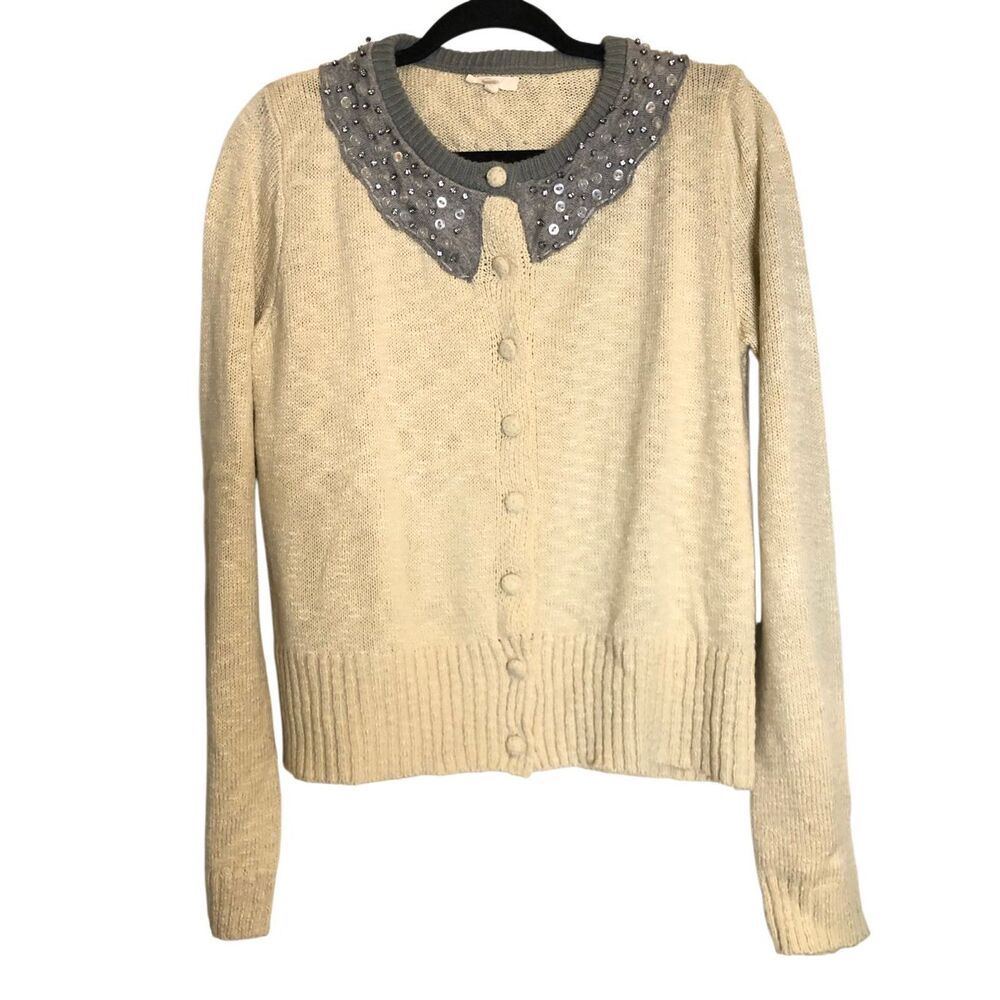 Mystree bedazzled Peter Pan tulle collar Cashmere Blend Cardigan sz L romantic c